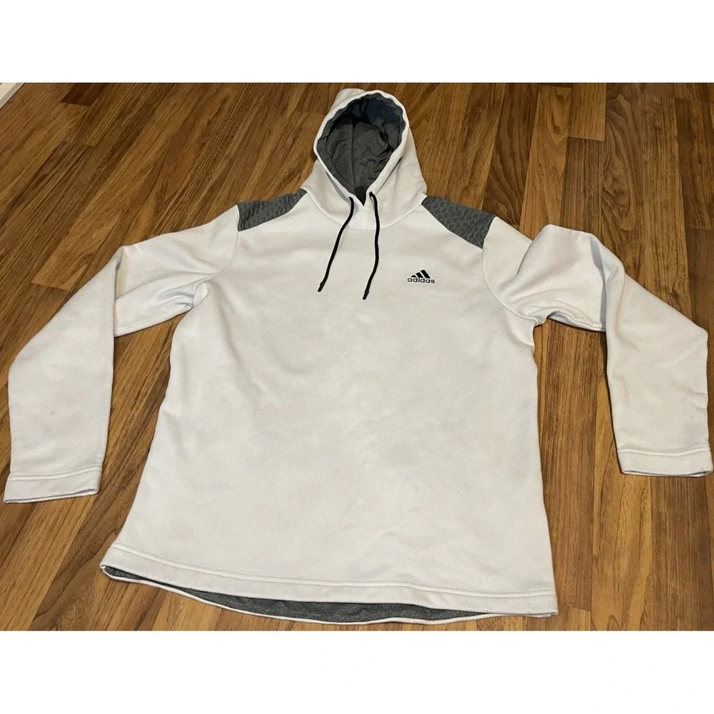 Adidas Golf Hoodie Mens Medium White Gray Fleece Pullover Logo Sweatshirt Top